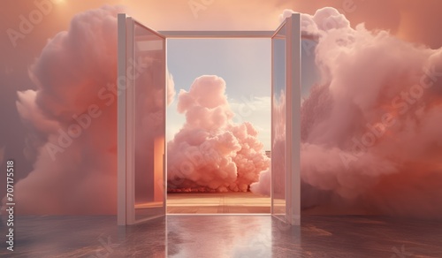 Architectural arch with fluffy clouds. Surreal magical conceptual interior room in pastel colors. Minimalistic background, showcase for advertising.