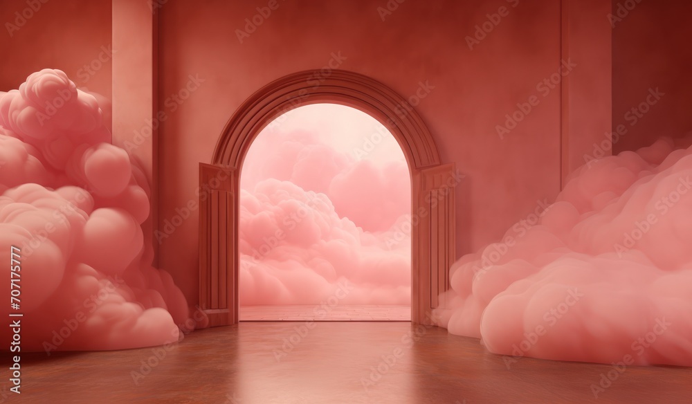 Architectural arch with fluffy clouds. Surreal magical conceptual interior room in pastel colors. Minimalistic background, showcase for advertising. - obrazy, fototapety, plakaty 