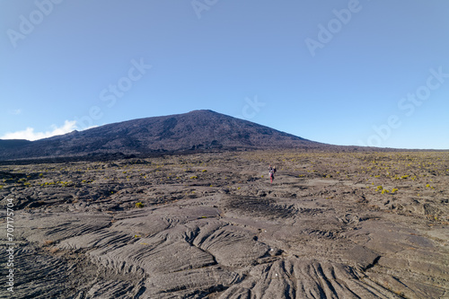 Aerial view by drone of the Piton de la Fournaise  the Dolomieu crater  the Formica L  o volcanic cone and the Chapelle de Rosemont in the Fouqu   enclosure  Reunion Island