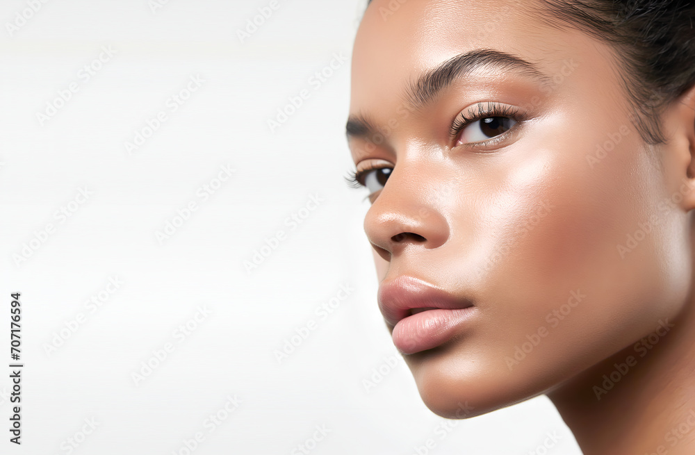 Fototapeta premium Fashion Concept. Closeup portrait of pretty girl in natural makeup glow look with beautiful skin. illuminated with dynamic composition light. sensual, natural, advertisement, copy text space 