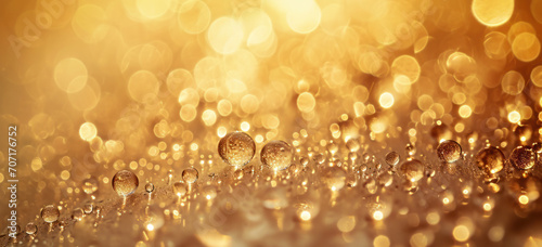 Golden water droplets on surface with shimmering bokeh effect. Texture and background.