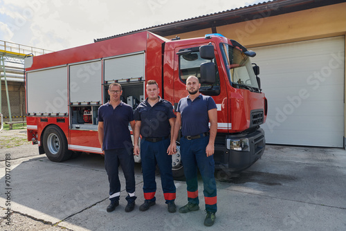 A skilled and dedicated professional firefighting team proudly poses in front of their state of the art firetruck, showcasing their modern equipment and commitment to ensuring public safety.