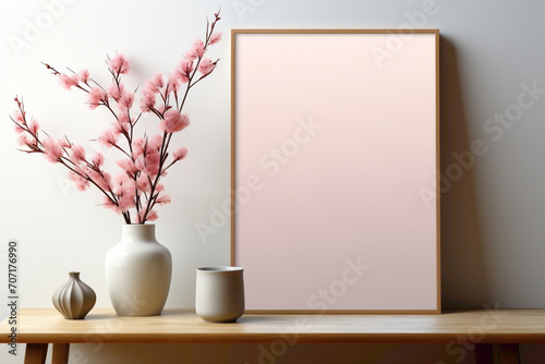 Craft a tranquil scene with an empty frame against a soft background, offering a versatile space for your text. Visualize the seamless integration and minimalist elegance in this design concept.
