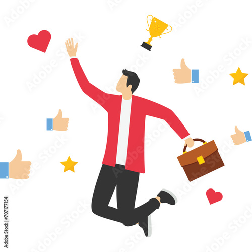 congrats, happy successful businessman with thumbs up, Reward high-performance employees, good job or praise successful staff, awards or applause, trophies stacked.

 photo