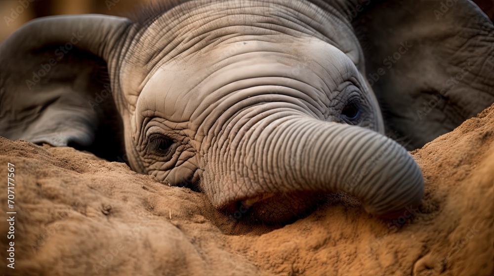 Obraz premium Peaceful Baby Elephant calf taking a nap in the morning hour, showcasing the innocence of wildlife in a tender moment. AI-Generated