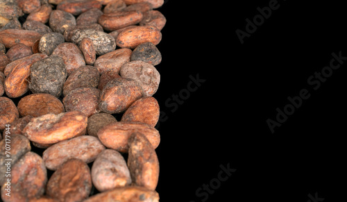 Several dry cocoa beans, macro, isolated on black background.