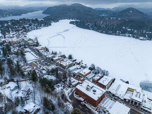 Afternoon winter aerial photo of Mirror Lake in the Village of Lake Placid, New York. (01-05-2024)