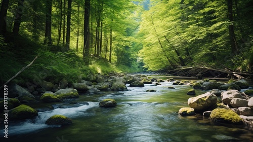 river with mossy rocks in the middle of a tropical forest