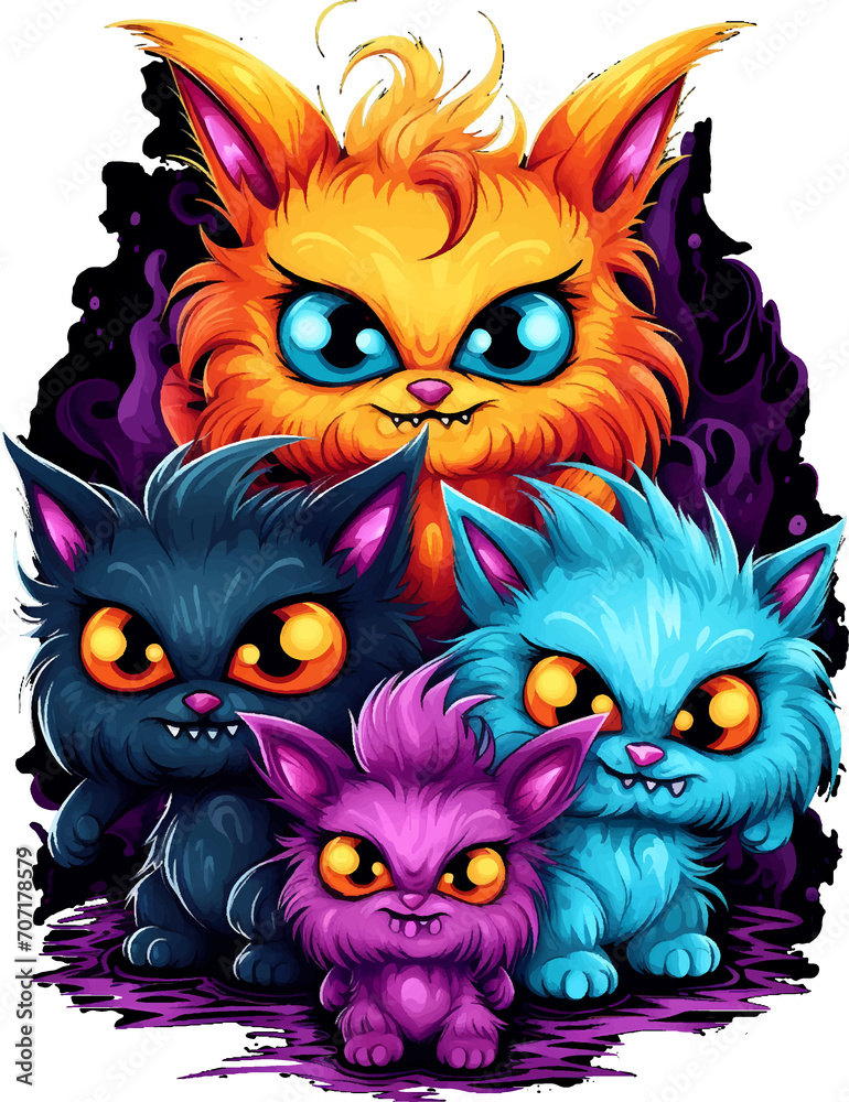 Scary but adorable Halloween furry monster babies in bright colors, on a transparent background, for t-shirt or sticker designs ready to print