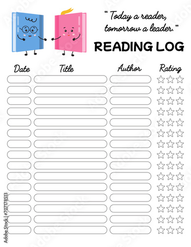 Reading log with book tracker. Reading chart, tracking progress, rewarding book. For kids, schoolers, libraries, school literature lesson. Reading motivation blank with books, page for bullet journal.