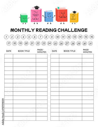 Monthly reading challenge, read book very day. Printable reading log, chart, tracking progress, for motivating kids, literature classes, library, school education, book clubs. Reading activity, hobby.