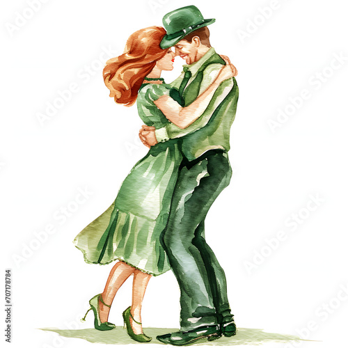 Couples dancing at a st. patrick's day event isolated on white background, watercolor, png 