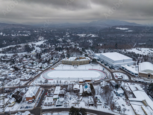 Afternoon winter aerial photo of the Village of Lake Placid, New York. (01-05-2024)