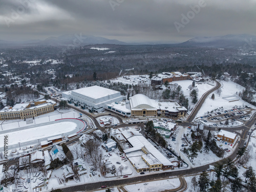 Afternoon winter aerial photo of the Village of Lake Placid, New York. (01-05-2024)