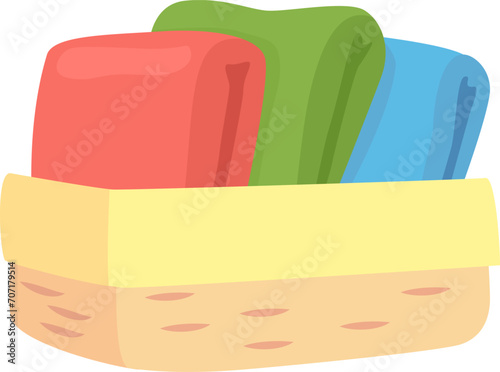 Stack of three colorful towels, red, green, blue, neatly folded in a basket. Bathroom essentials, linen organization vector illustration.