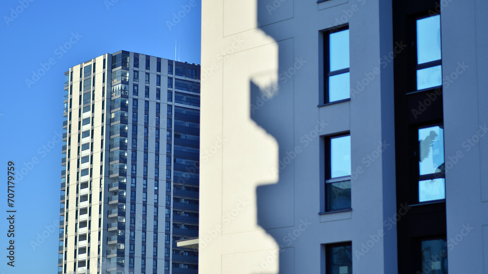 Residential area with modern apartment building. Facade of a modern apartment building. Residential area with modern apartment building. Facade of a modern apartment building.