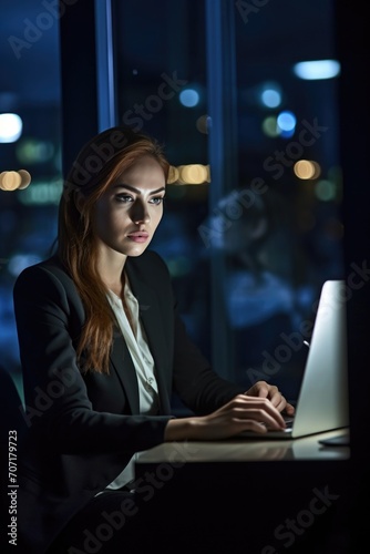 shot of a young businesswoman using a laptop in an office at night