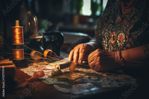 Elderly woman sewing on an old machine under a lamp, with a focus on handiwork and concentration.