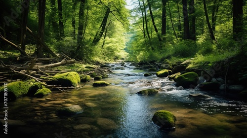 river with mossy rocks in the middle of a tropical forest