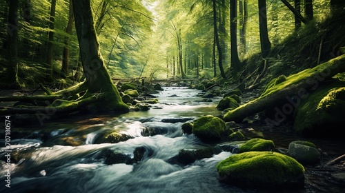 river with mossy rocks in the middle of a tropical forest