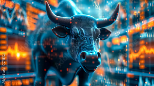 Stock or forex market chart screen and bull. Trading chart and candlestick chart suitable for financial investment concept. 3D, tone image double exposure. finance background.