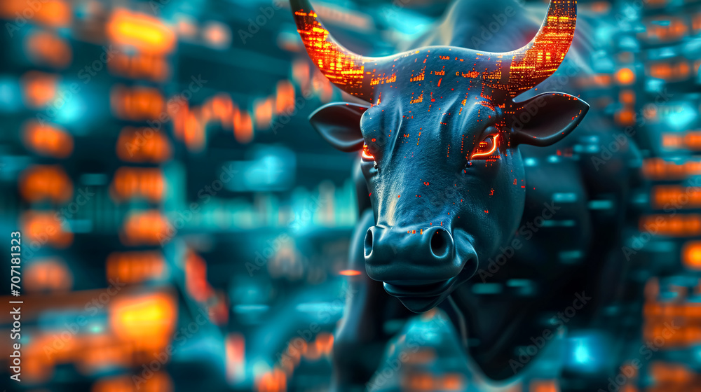 Stock or forex market chart screen and bull. Trading chart and candlestick chart suitable for financial investment concept. 3D, tone image double exposure. finance background. - obrazy, fototapety, plakaty 