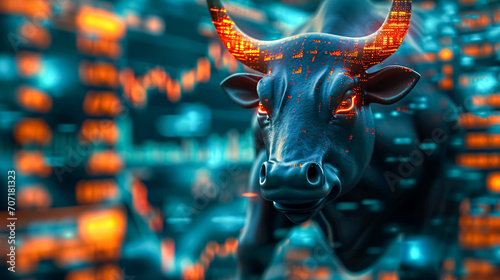 Stock or forex market chart screen and bull. Trading chart and candlestick chart suitable for financial investment concept. 3D, tone image double exposure. finance background. photo
