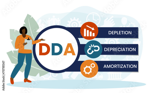 DDA - Depletion Depreciation Amortization acronym. business concept background. vector illustration concept with keywords and icons. lettering illustration with icons for web banner, flyer