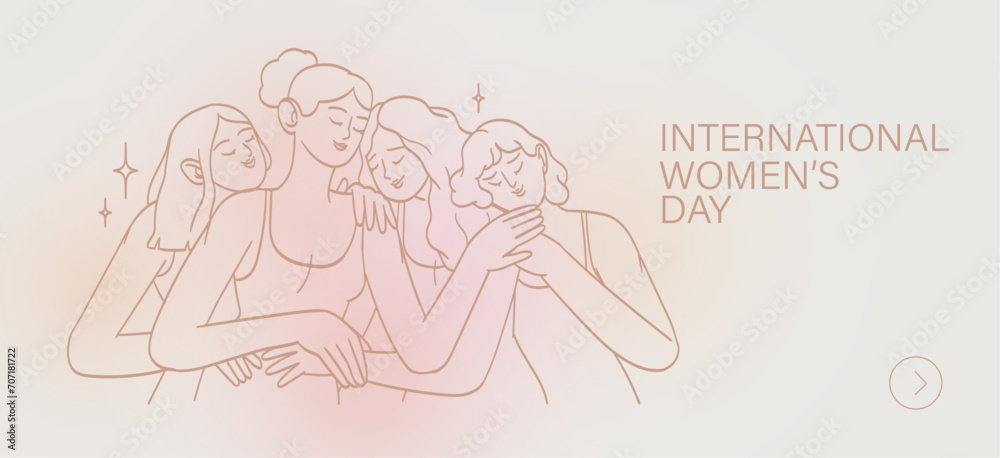 8 march, International Women's Day. Vector templates for card, poster, flyer and social media design. Women stand together and support each other in line art or outline style. Girl hugs. Sisterhood.