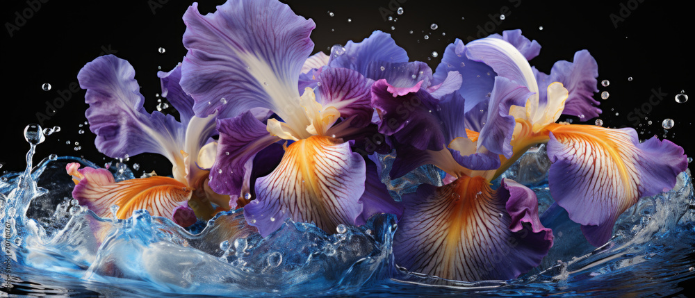 Elegant close-up of iris flowers with water droplets. Elegant close-up of iris flowers with water droplets.