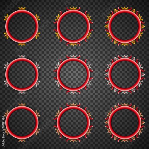 Fantasy Red Border Game Avatar Frame with Gold, Silver and Bronze Elements for Game UI Designs