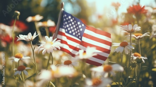 american flag in garden concept, American flag outdoors in garden of wild flowers
