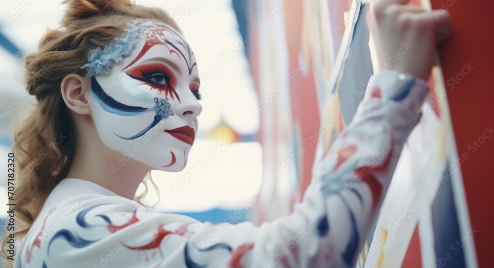 girl paints and wears mask at amusement park