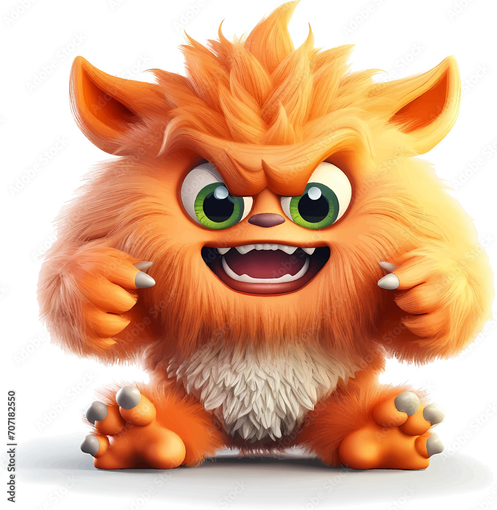 Furry monster baby with angry but cute expression, with transparent background