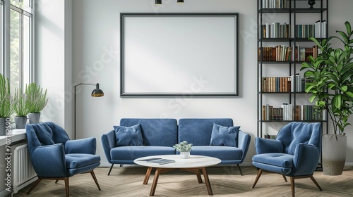 Blue chairs and loveseat sofa against grey wall with big frame poster  near bookcase. Mid-century  scandinavian home interior design of modern living room.