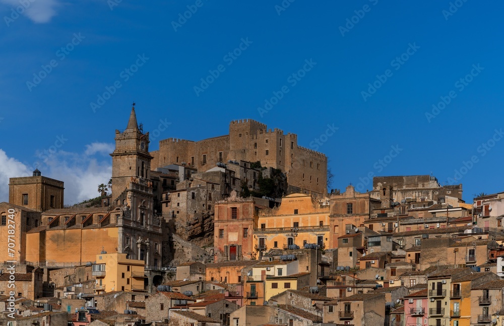 view of the Sicilian mountain town of Caccamo with the church and Norman castle