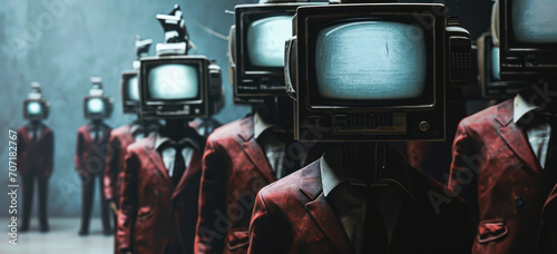Group of people with television heads in suits standing in mist. Surreal art concept. photo