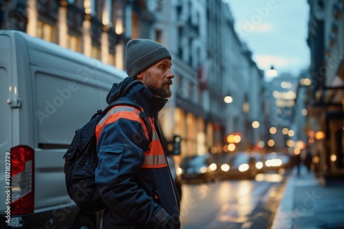 Delivery guy in front of his van in urban city courier