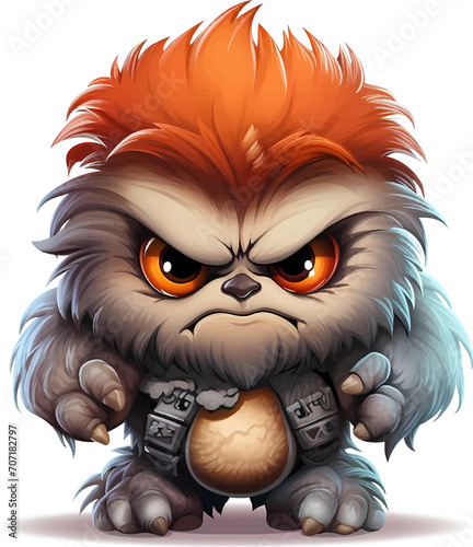 Furry monster baby with angry but cute expression, with transparent background