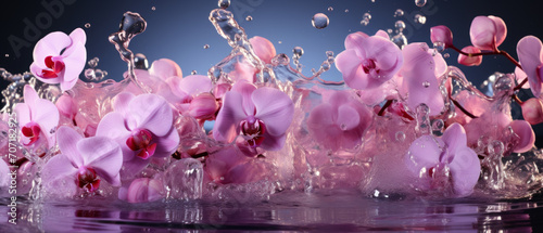 Elegant orchid bloom in water splashes and vivid contrast.