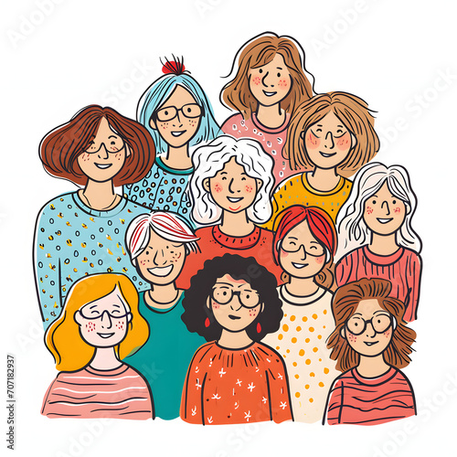 Women of different generations inspiring each other isolated on white background, doodle style, png 