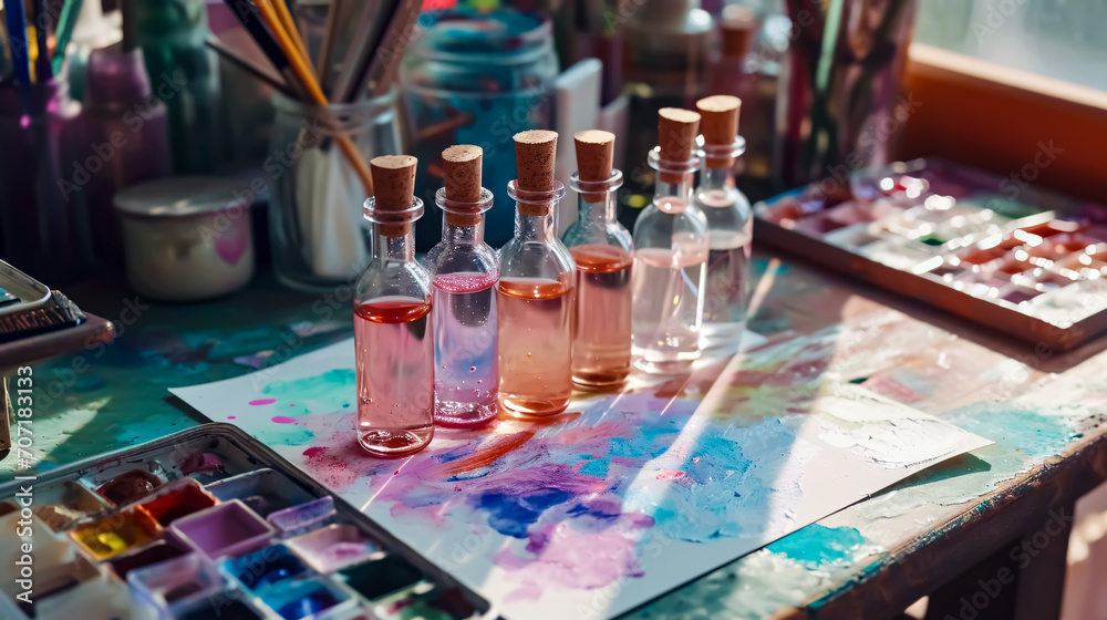 Close-up of an artist's desk with paints, brushes and pencils. Painting set with watercolor paints and brushes on a table in a room Close-up of an artist's desk with paints, brushes and pencils. Painting set with watercolor paints and brushes on a table in a room