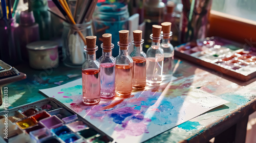 Close-up of an artist's desk with paints, brushes and pencils. Painting set with watercolor paints and brushes on a table in a room