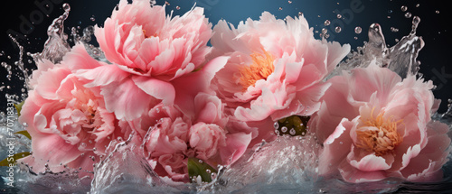 Close-up of pink peony flowers with water droplets.