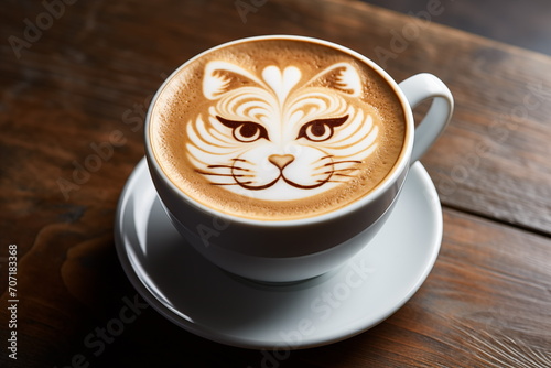 Cute cat latte art coffee in white cup on wood table  cute cat cappuccino art   Generated AI
