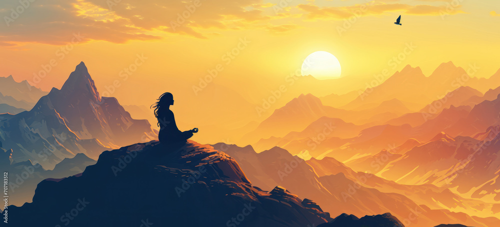 Woman meditating on mountain at sunrise. Peace and mindfulness.