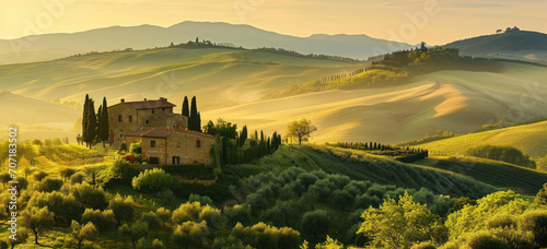 Tuscan landscape at sunrise with rolling hills and farmhouses. Rural Italy.