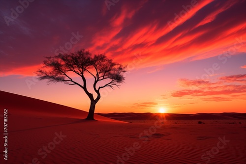 Sunset in the vibrant desert Hues of orange and crimson in the sky 