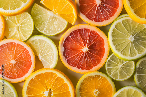 Natural background made of slices of lemons  grapefruits  blood oranges. Flat lay  top view. Food concept. Sources of antioxidants  vitamin C. Closeup allover citrus fruit texture.