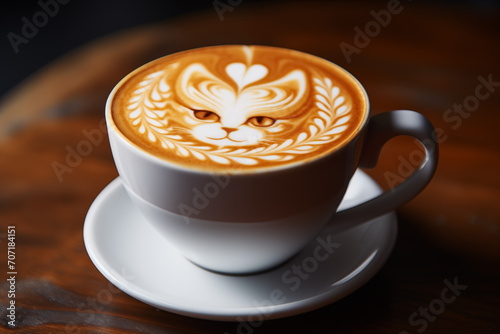 Cute cat latte art coffee in white cup on wood table, cute cat cappuccino art, Generated AI